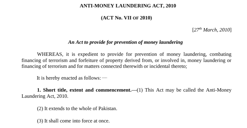 ANTI MONEY LAUNDERING ACT 2010