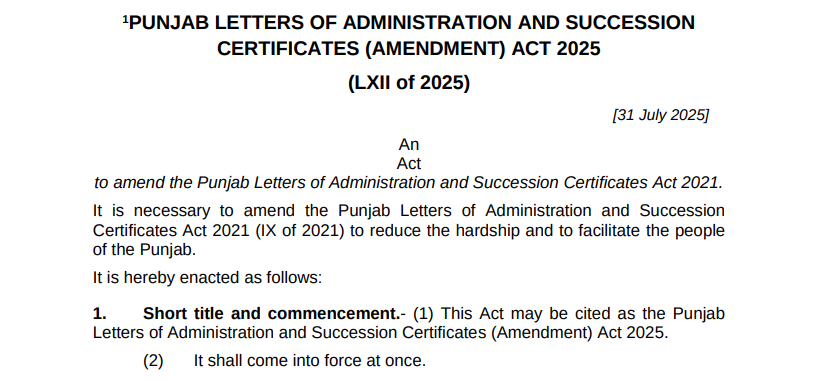 Punjab Letters of Administration and Succession Certificates amendment Act 2025