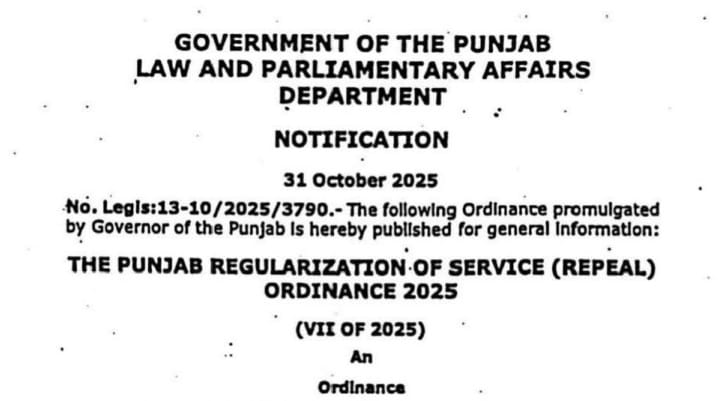 Punjab Regularization of Service Repeal Ordinance 2025
