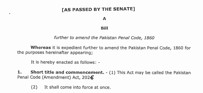 Pakistan Penal Code Amendment Bill 2026
