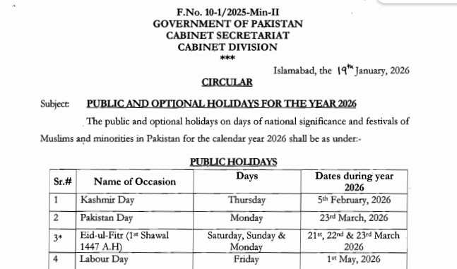 Public and Optional Holidays 2026